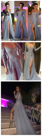 Popular Off Shoulder Long Sleeve Lace Sexy High Split Side  Elegant A-line Prom Dress Bridesmaid Dress. PD0021