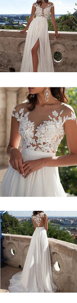Long A-Line White Lace Prom Dress With Appliques, Side Slit Sexy Wedding Dresses, WD0124