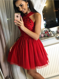 Pretty Red Sleeveless Zipper Tulle A Line Mini Short Homecoming Dress, BTW190