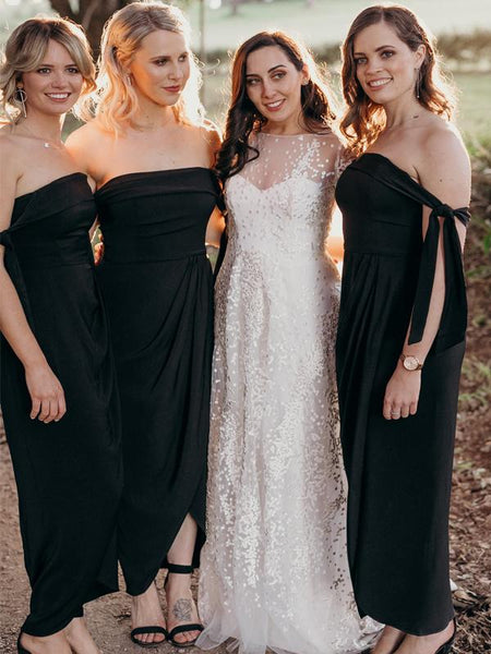 Black Jersey Off Shoulder Sheath Ankle Length Bridesmaid Dresses,DB142