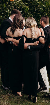 Black Jersey Off Shoulder Sheath Ankle Length Bridesmaid Dresses,DB142