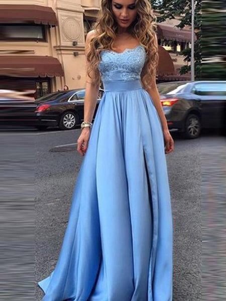 Blue Lace Satin A-line Sleeveless Prom Dresses , DB1085