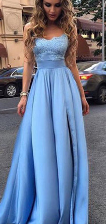 Blue Lace Satin A-line Sleeveless Prom Dresses , DB1085