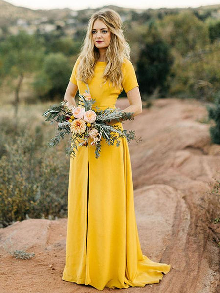 Bright Yellow Short Sleeve Front Slit Sheath Long Bridesmaid Dresses ,PB1068