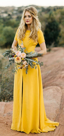 Bright Yellow Short Sleeve Front Slit Sheath Long Bridesmaid Dresses ,PB1068