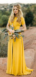 Bright Yellow Short Sleeve Front Slit Sheath Long Bridesmaid Dresses ,PB1068