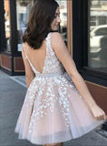 Elegant V Neck Sleeveless Open Back Lace A Line Short Homecoming Dress, BTW166