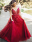 Dark Red Spaghetti Strap Applique Beading Tulle A-line Prom Dresses, DB1093