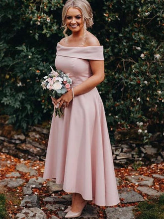 Dusty Pink Jersey Off Shoulder High Low Ankle Length Bridesmaid Dresses ,PB1055