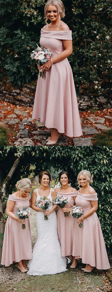 Dusty Pink Jersey Off Shoulder High Low Ankle Length Bridesmaid Dresses ,PB1055