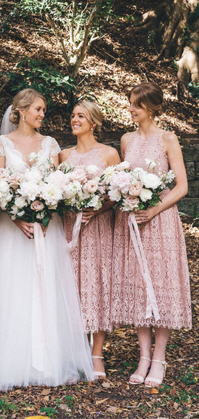 Dusty Pink Lace Sleeveless Tea Length Bridesmaid Dresses,DB128