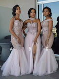 Dusty Pink Tulle Applique Mismatched Mermaid Bridesmaid Dresses,DB135