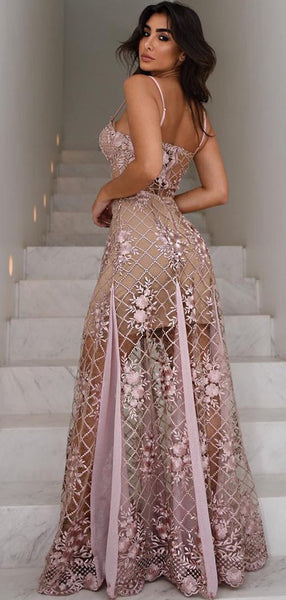 Dutsy Pink See Through Lace Spaghetti Strap A-line Prom Dresses, DB1115