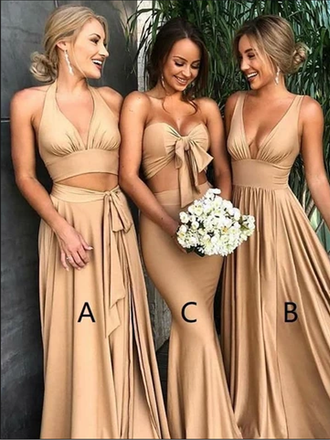 Mismatched Side Slit  Floor Length A Line Long Bridesmaid Dresses, MD486