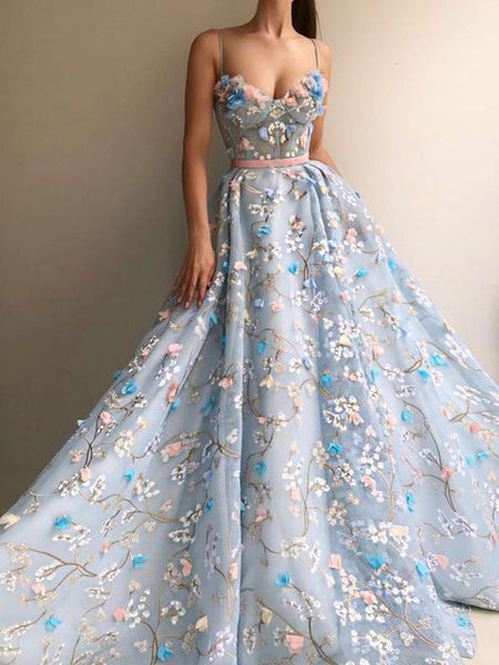 Charming Flower Applique Sky Blue Spaghetti Strap Long Evening Prom Dresses, SW0067