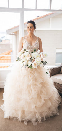 Gorgeous Lace V-neck Ruffles Tulle Ball Gown Wedding Dresses,DB0163