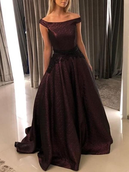 Grape Off Shoulder Ball Gown Simple Charming Long Prom Dresses, DB1117
