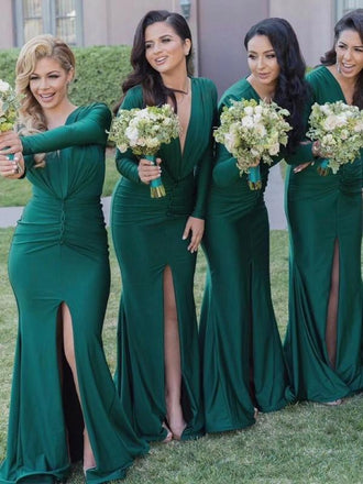 Green Jersey Long Sleeve V-neck Slit Bridesmaid Dresses,PB1053