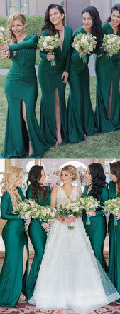 Green Jersey Long Sleeve V-neck Slit Bridesmaid Dresses,PB1053