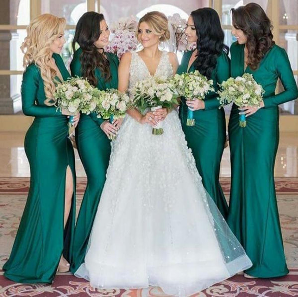 Green Jersey Long Sleeve V-neck Slit Bridesmaid Dresses,PB1053