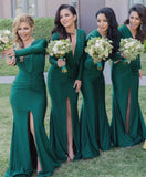 Green Jersey Long Sleeve V-neck Slit Bridesmaid Dresses,PB1053