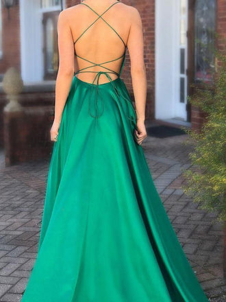 Green Prom Dresses with Pocket Long Backless Slit Prom Dresses DPB112