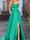 Green Prom Dresses with Pocket Long Backless Slit Prom Dresses DPB112