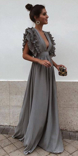 Grey Chiffon V Neck A Line Long Bridesmaid Prom Dresses DPB3107