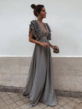 Grey Chiffon V Neck A Line Long Bridesmaid Prom Dresses DPB3107