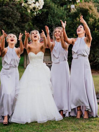 Grey Halter Open Back A-line Ankle Length Bridesmaid Dresses,DB132