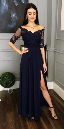 Half Sleeves Side Slit A Line Navy Lace Prom Party Dresses DPB3104
