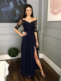 Half Sleeves Side Slit A Line Navy Lace Prom Party Dresses DPB3104