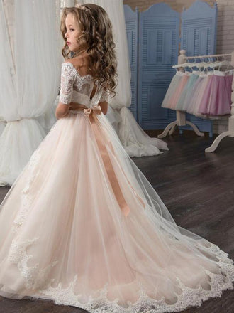 Lovely Half Sleeves Lace Tulle Long Flower Girl Dresses,GTE2117