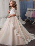 Lovely Half Sleeves Lace Tulle Long Flower Girl Dresses,GTE2117