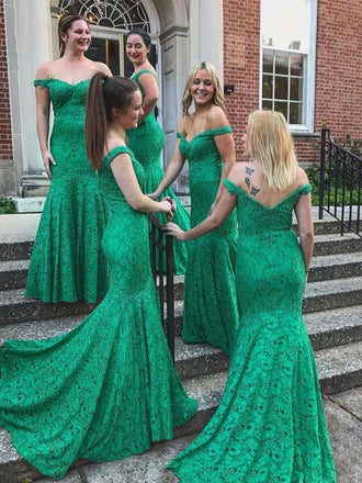 Hunter Green Lace Off Shoulder Mermaid Long Bridesmaid Dresses,PB1050