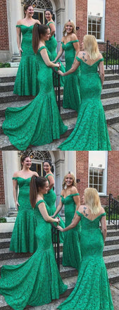 Hunter Green Lace Off Shoulder Mermaid Long Bridesmaid Dresses,PB1050