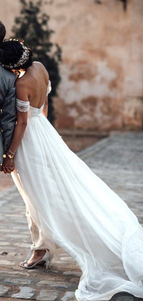 Ivory Lace Chiffon Off Shoulder V-neck Slip Beach Wedding Dresses,DB0173