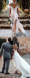Ivory Lace Chiffon Off Shoulder V-neck Slip Beach Wedding Dresses,DB0173