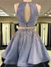 Elegant Halter Two Pieces Satin A Line With Rhinestone Short Homecoming Dresses, BTW174