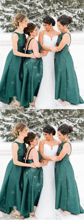 Jade Satin High Low Sleeveless Ankle Length Bridesmaid Dresses,PB1052