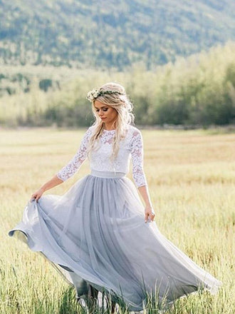 Lace Tulle 3/4 Sleeves A Line Formal Long Prom Dresses for Weddings MD305