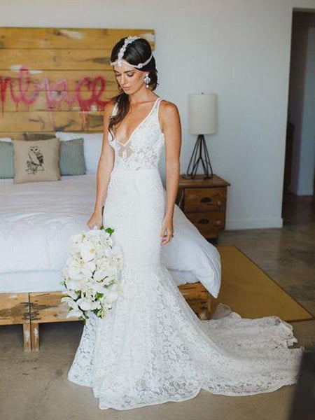 Lace V Neck Mermaid Bridal Long Wedding Dresses RPD2107