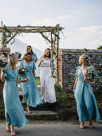 Light Blue Chiffon Half Sleeve Boho Wedding Long Bridesmaid Dresses,PB1082