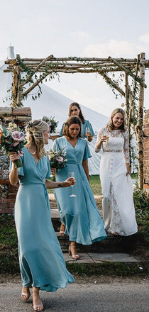 Light Blue Chiffon Half Sleeve Boho Wedding Long Bridesmaid Dresses,PB1082