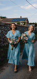Light Blue Chiffon Half Sleeve Boho Wedding Long Bridesmaid Dresses,PB1082