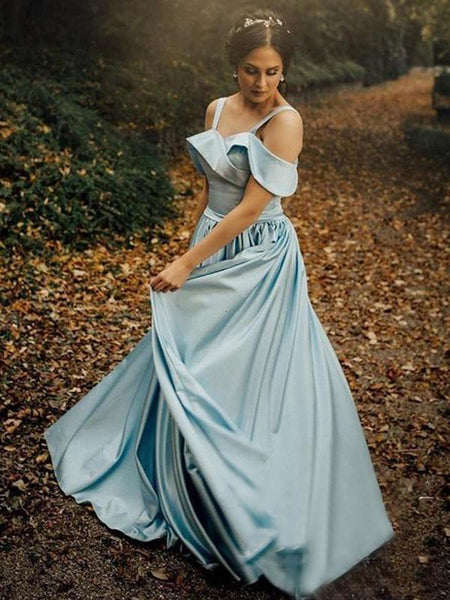 Light Blue Satin Simple Off Shoulder Prom Dresses, DB1084