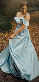 Light Blue Satin Simple Off Shoulder Prom Dresses, DB1084