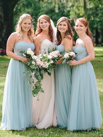 Light Blue Tulle Sweetheart Spaghetti Strap A-line Bridesmaid Dresses ,DB137