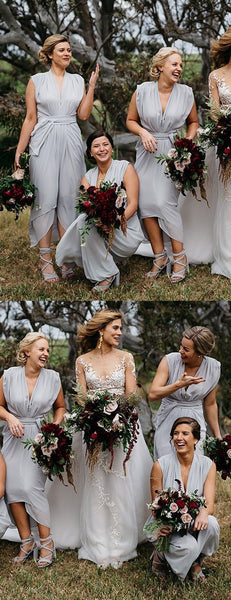 Light Grey Chiffon Cap Sleeve High Low Ankle Length Bridesmaid Dresses,DB131