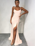 Light Pink Spaghetti Strap Side Slit Sheath Long Cheap Prom Dresses, DB1106